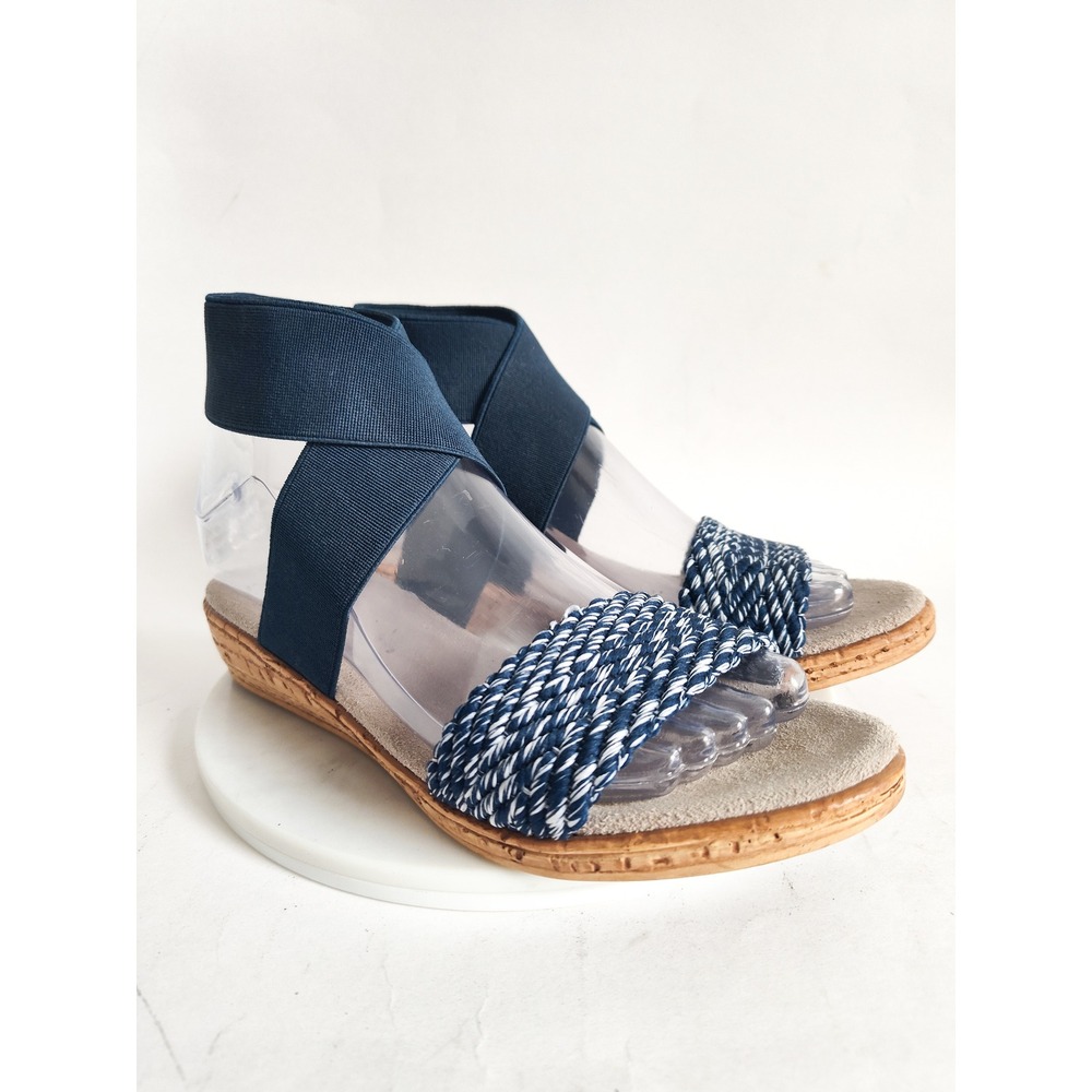 Charleston Shoe Co Sandals 7 Wedge Navy Blue Woven Elastic Ankle Strap Nautical